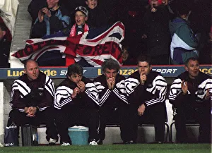 Kevin Keegan Newcastle United Football Manager and his staff sit on the bench in Kevin Keegan Newcastle United Football Manager and his staff sit on the bench in