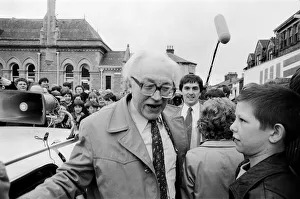Labour leader Michael Foot on the election tour in Lancashire. 22nd May 1983 Labour leader Michael Foot on the election tour in Lancashire. 22nd May 1983