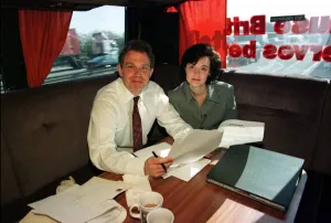 Labour leader Tony Blair with his wife Cherie on the Labour Partys battle bus Labour leader Tony Blair with his wife Cherie on the Labour Partys battle bus