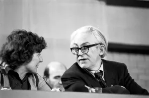Labour politician Michael Foot talks to Barbara Castle during a debate on the Common Labour politician Michael Foot talks to Barbara Castle during a debate on the Common