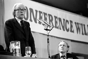 Labour politician and Secretary of State for Employment Michael Foot watched by Tony Benn Labour politician and Secretary of State for Employment Michael Foot watched by Tony Benn