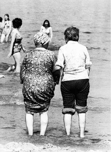 Two ladies plodge in the sea at Tynemouth in june 1976 Two ladies plodge in the sea at Tynemouth in june 1976
