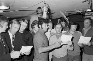Lancashire players recording a song at the Stockport, Cheshire, studio Lancashire players recording a song at the Stockport, Cheshire, studio