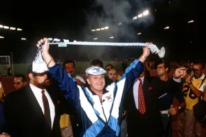 Lazio footballer Paul Gascoigne greets supporters at the Stadio Olimpico in Rome as he Lazio footballer Paul Gascoigne greets supporters at the Stadio Olimpico in Rome as he