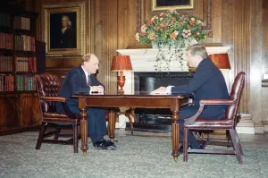 Leader of the Labour Party Neil Kinnock is interviewed by David Dimbleby ahead of Leader of the Labour Party Neil Kinnock is interviewed by David Dimbleby ahead of