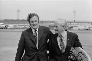 Leeds United manager Don Revie with director Bob Roberts as the team return to Manchester Leeds United manager Don Revie with director Bob Roberts as the team return to Manchester