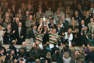 Leicester's Dean Richards holds up the Pilkington Trophy at Twickenham May 10 Leicester's Dean Richards holds up the Pilkington Trophy at Twickenham May 10
