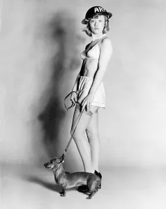 Lesley Duff Actress modeling with sausage dog on the lead dbase Lesley Duff Actress modeling with sausage dog on the lead dbase