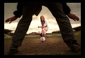 Lesley Fitzsimons actress kicks ball at Jim Leishman March 1998 PIC BY CHRIS WATT Lesley Fitzsimons actress kicks ball at Jim Leishman March 1998 PIC BY CHRIS WATT