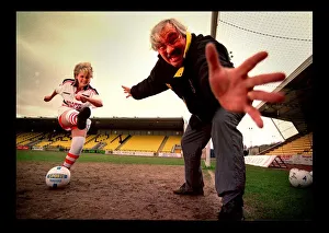 Lesley Fitzsimons actress kicks ball past Jim Leishman March 1998 PIC BY CHRIS Lesley Fitzsimons actress kicks ball past Jim Leishman March 1998 PIC BY CHRIS