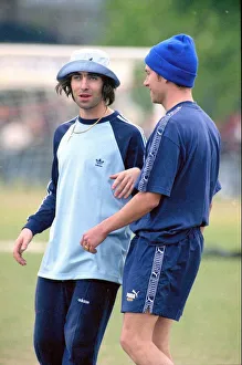 Liam Gallagher and Damon Albarn -May 1996 Come head to head in friendly Oasis v Liam Gallagher and Damon Albarn -May 1996 Come head to head in friendly Oasis v