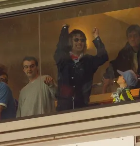 Liam Gallagher of Oasis celebrates Manchester May 1999 City win against Liam Gallagher of Oasis celebrates Manchester May 1999 City win against