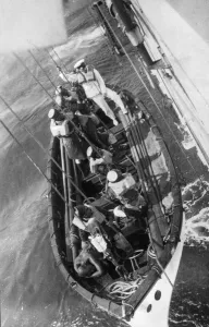 A lifeboat makes a sea rescue at Torquay on the South Devon coast. 26th March 1932 A lifeboat makes a sea rescue at Torquay on the South Devon coast. 26th March 1932
