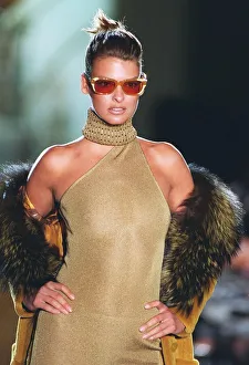 Linda Evangalista models for Versace at Paris fashion show Gold dress with collar Linda Evangalista models for Versace at Paris fashion show Gold dress with collar