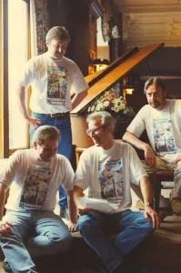 Lindisfarne band members Ray Laidlaw (centre) and Alan Hull wearing Swan Hunter campaign Lindisfarne band members Ray Laidlaw (centre) and Alan Hull wearing Swan Hunter campaign