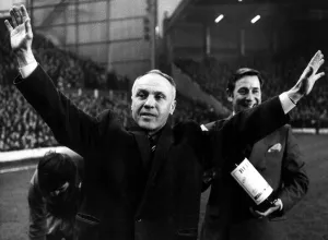 Liverpool manager Bill Shankly acknowledges the applause of the fans cheers as he is Liverpool manager Bill Shankly acknowledges the applause of the fans cheers as he is