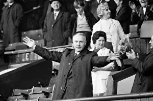 Liverpool manager Bill Shankly acknowledges the cheers of the Kop ahead of his side' Liverpool manager Bill Shankly acknowledges the cheers of the Kop ahead of his side'