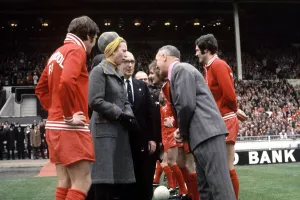 Liverpool manager Bill Shankly shakes hands with Princess Anne at Wembley Stadium before Liverpool manager Bill Shankly shakes hands with Princess Anne at Wembley Stadium before