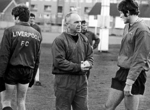 Liverpool manager Bill Shankly speaking with John Toshack during a training session at Liverpool manager Bill Shankly speaking with John Toshack during a training session at