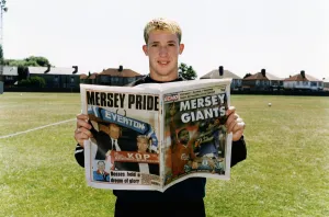 Liverpool striker Robbie Fowler with Mersey Giants Soccer Special. 10th August 1995 Liverpool striker Robbie Fowler with Mersey Giants Soccer Special. 10th August 1995