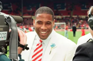 Liverpool's John Barnes on the pitch at Wembley being interviewd by the BBC before Liverpool's John Barnes on the pitch at Wembley being interviewd by the BBC before