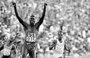 Los Angeles 1984 Carl Lewis celebrates after winning the Mens 100 metres final at Los Angeles 1984 Carl Lewis celebrates after winning the Mens 100 metres final at