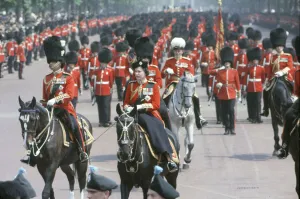 Her Majesty Queen Elizabeth II rides on horseback through The Mall in Central London Her Majesty Queen Elizabeth II rides on horseback through The Mall in Central London