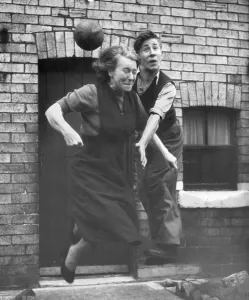 Manchester United starlet Bobby Charlton practices his heading skills with his mum Manchester United starlet Bobby Charlton practices his heading skills with his mum