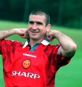 Manchester Utd new home strip launch with Eric Cantona feeling his collar Manchester Utd new home strip launch with Eric Cantona feeling his collar
