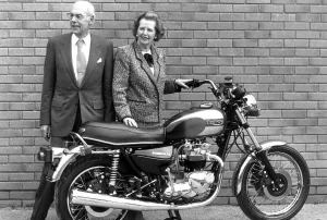Margaret and Dennis Thatcher look over a new Triumph motorcycle in Devon - 28th May 1987 Margaret and Dennis Thatcher look over a new Triumph motorcycle in Devon - 28th May 1987