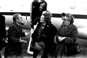 Margaret Thatcher arrives at Newcastle Airport in gale force winds on March 12, 1982 Margaret Thatcher arrives at Newcastle Airport in gale force winds on March 12, 1982