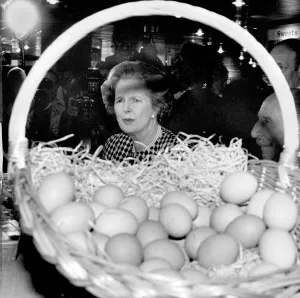 Margaret Thatcher and basket of eggs - June 1987 Margaret Thatcher and basket of eggs - June 1987