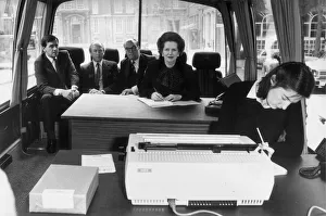 MARGARET THATCHER ON BOARD HER GENERAL ELECTION CAMPAIGN BATTLE BUS - 19TH MAY 1983 MARGARET THATCHER ON BOARD HER GENERAL ELECTION CAMPAIGN BATTLE BUS - 19TH MAY 1983