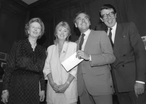 Margaret Thatcher with celebrities Wincey Willis, Bob Monkhouse Margaret Thatcher with celebrities Wincey Willis, Bob Monkhouse
