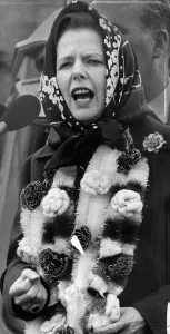 Margaret Thatcher covered in garlands giving speech during visit to the Midlands - June Margaret Thatcher covered in garlands giving speech during visit to the Midlands - June