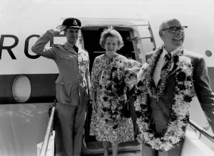 Margaret Thatcher and husband Denis leaving for foreign tour - February 1982 Margaret Thatcher and husband Denis leaving for foreign tour - February 1982