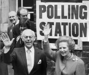 Margaret Thatcher husband Denis outside polling station - June 1987 Margaret Thatcher husband Denis outside polling station - June 1987