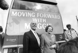 Margaret Thatcher with her husband Dennis with the Battle Bus - 21st May 1987 Margaret Thatcher with her husband Dennis with the Battle Bus - 21st May 1987