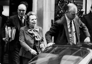 Margaret Thatcher with Ian Gow leaving 10 Downing Street for Parliament - January 1983 Margaret Thatcher with Ian Gow leaving 10 Downing Street for Parliament - January 1983