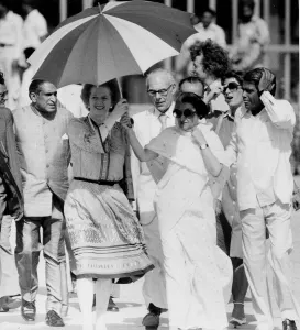 Margaret Thatcher and Indira Ghandi walking in India beneath umbrella - 19th April 1981 Margaret Thatcher and Indira Ghandi walking in India beneath umbrella - 19th April 1981