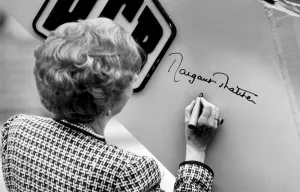 Margaret Thatcher making her signature on side of JCB - June 1987 Margaret Thatcher making her signature on side of JCB - June 1987