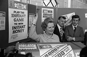 Margaret Thatcher October 1977 holds up an instant game ticket at the Conservative Party Margaret Thatcher October 1977 holds up an instant game ticket at the Conservative Party