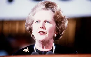 Margaret Thatcher at Perth May 1983 Black outfit pearl necklace earrings Margaret Thatcher at Perth May 1983 Black outfit pearl necklace earrings