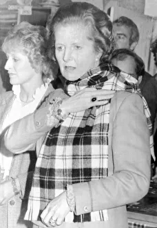 Margaret Thatcher PM tries on a tartan scarf at Elgin, Scotland, June 1983 Margaret Thatcher PM tries on a tartan scarf at Elgin, Scotland, June 1983