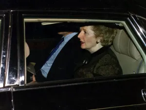 Margaret Thatcher the Prime Minister leaving Buckingham Palace February 1990 Margaret Thatcher the Prime Minister leaving Buckingham Palace February 1990
