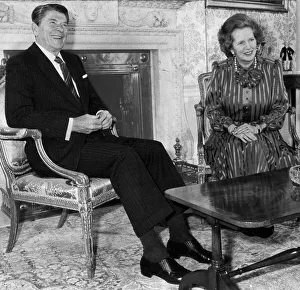 Margaret Thatcher and Ronald Reagan beside fireplace in Downing Street - June 1984 Margaret Thatcher and Ronald Reagan beside fireplace in Downing Street - June 1984