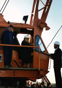 Margaret Thatcher sitting in a crane in driver's cabin while on an industrial visit Margaret Thatcher sitting in a crane in driver's cabin while on an industrial visit