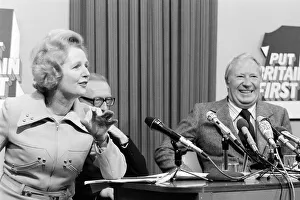 Margaret Thatcher speaking at an election press conference with Edward Heath Margaret Thatcher speaking at an election press conference with Edward Heath