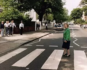 Images Dated 3rd June 1990: Margaret Thatcher walking across zebra crossing in Abbey Road made famous by the Beatles