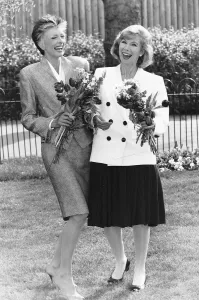 Marti Caine Singer Entertainer Comediene shares a joke with Actress Susan Hampshire at Marti Caine Singer Entertainer Comediene shares a joke with Actress Susan Hampshire at